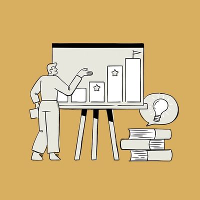 Person presenting a growth chart with books and a lightbulb symbolizing ideas.