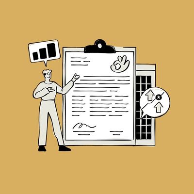 Illustration of a person presenting documents with charts and approval symbols.