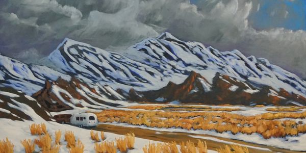 Oil on Canvas landscape painting of an Airstream in the Sierra Nevada mountains in California