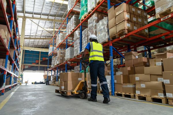 A worker moving the stock with the help of a fork lifter