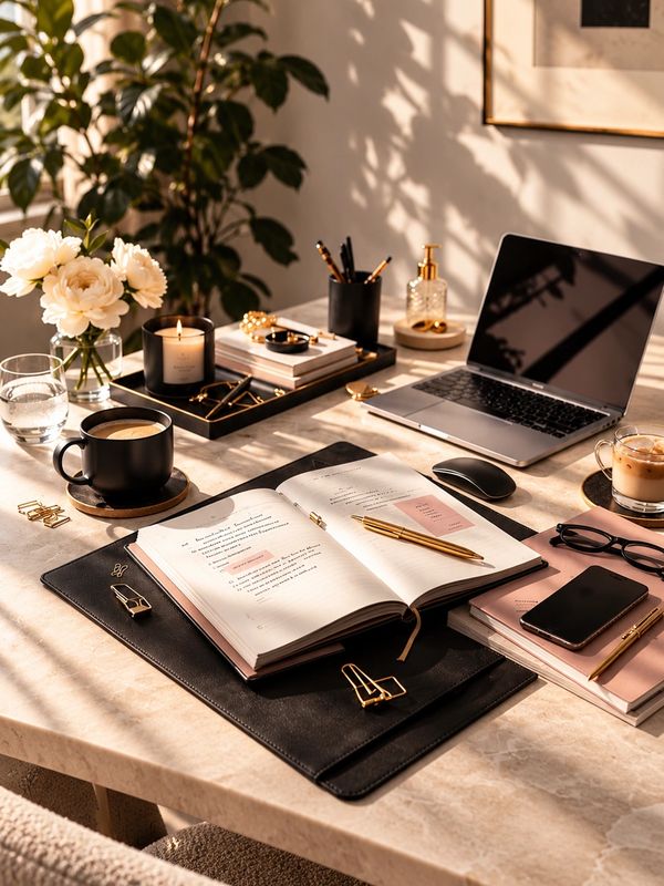 Cozy workspace with books, laptop, flowers, and coffee.