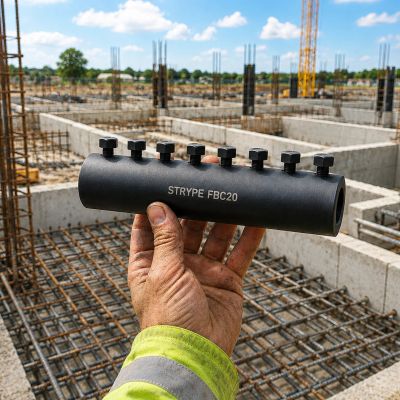 Hand holding a STRYPE FBC20 device at a construction site with concrete and rebar.