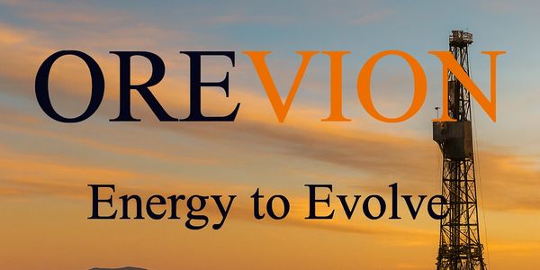 OREVION logo with an oil rig at sunset and the tagline 'Energy to Evolve'.
