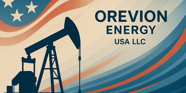 Oil pump silhouette with patriotic American flag colors and Orevion Energy USA LLC logo.