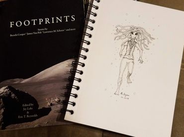 Sketch of Saelf next to the book her story "Ghosts" appears in.