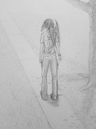 Pencil drawing of Subtle Jewel in dragon form riding on Corbin's shoulder.