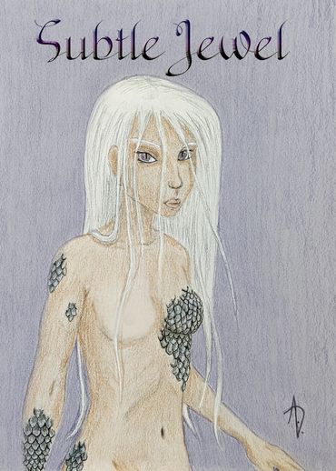 Subtle Jewel, mid transformation. Nude with a purple background.