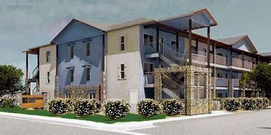 Architectural design rendering of three-story apartment complex.