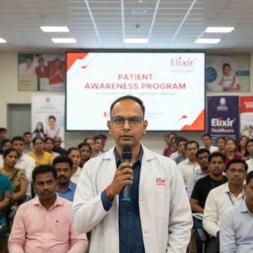 Doctor speaking at a patient awareness program in a healthcare center.