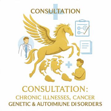 Golden winged horse with medical consultation icons for chronic illness support.