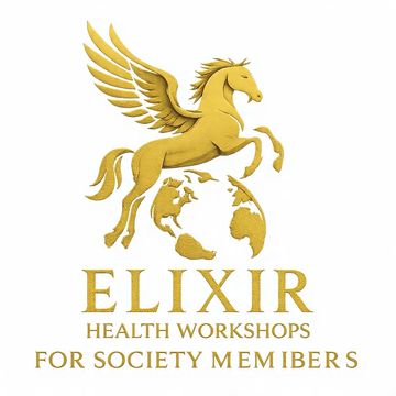 Golden Pegasus above Earth with text promoting health workshops.
