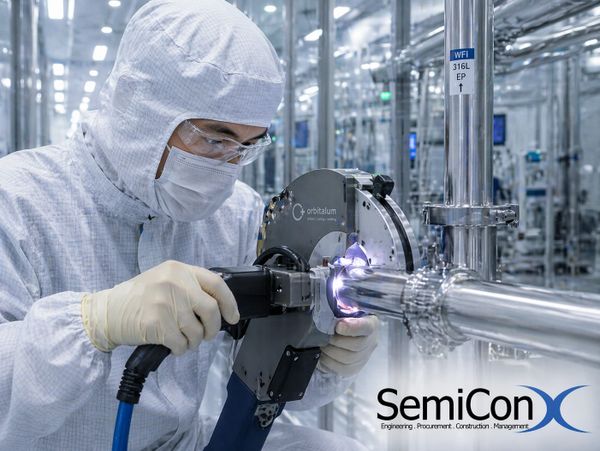 Technician in cleanroom suit welding stainless steel pipes in a high-tech facility.