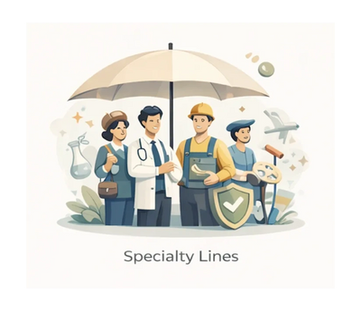 Professionals under umbrella symbolizing specialty insurance coverage.