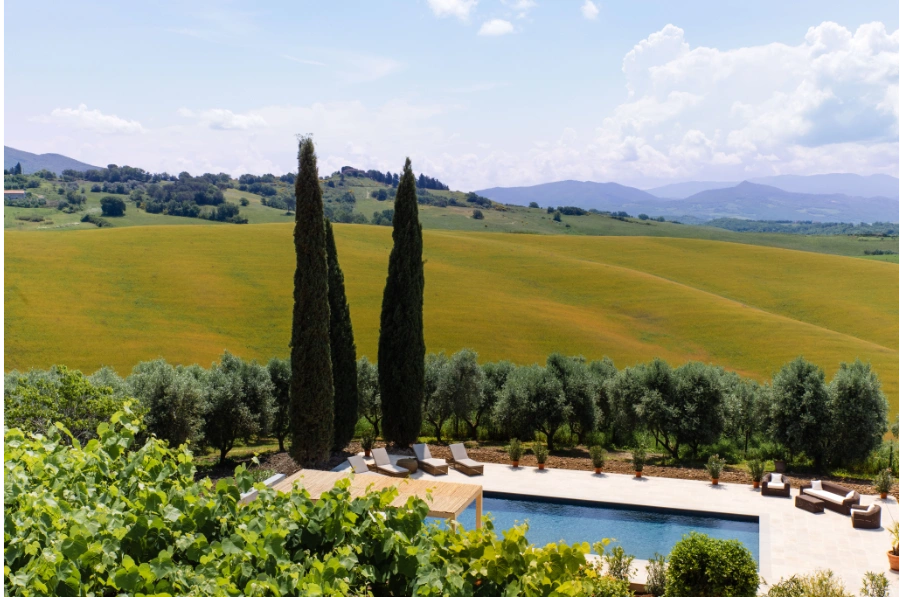 view of the pool of our villa on our Tuscan yoga retreat