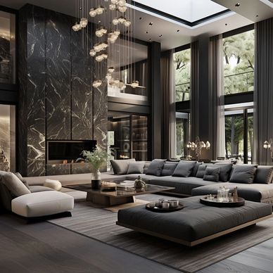Luxurious modern living room with large windows and elegant chandelier.