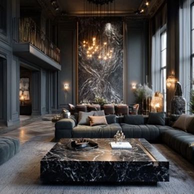 Luxurious living room with dark marble and plush seating.