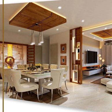 Modern dining and living area with warm lighting and wooden accents.