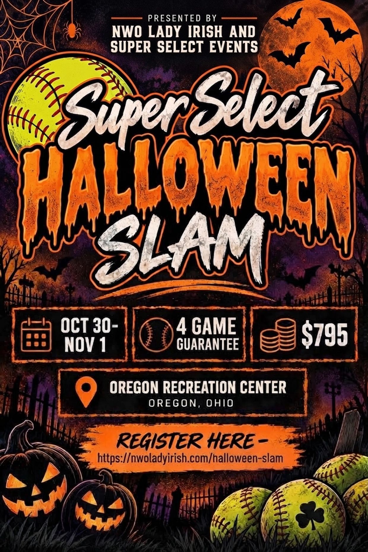 Halloween softball event poster with bats and pumpkins.
