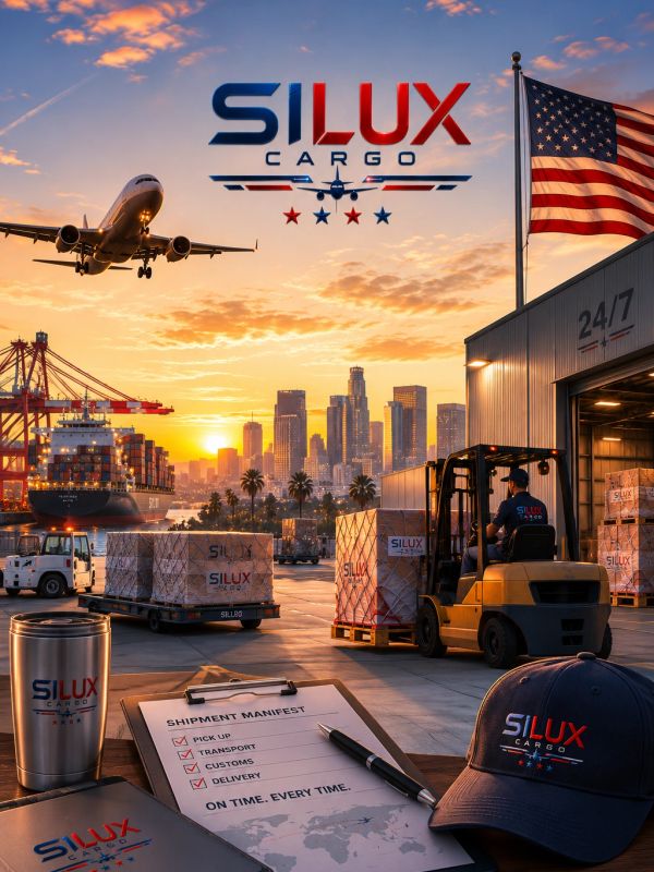 Cargo handling at sunset with urban skyline and American flag.