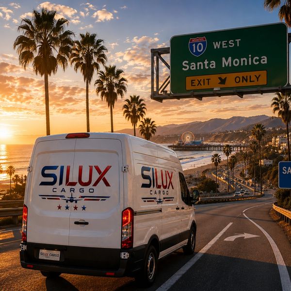 Cargo van on highway towards Santa Monica at sunset.