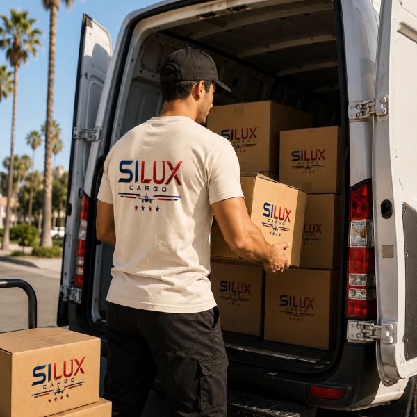 Man loading Silux Cargo boxes into a van.