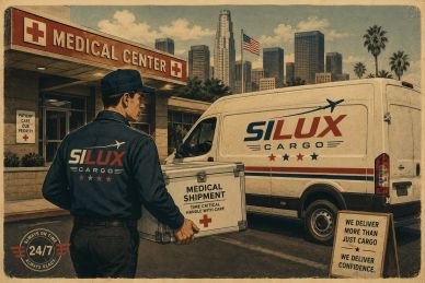 Cargo delivery at a medical center in a city.