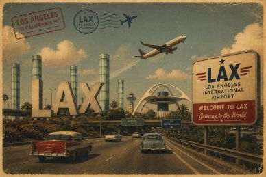Vintage postcard of Los Angeles International Airport with classic cars and airplane.