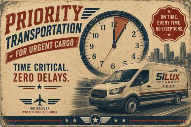 Vintage-style urgent cargo transportation advertisement with a van and clock.