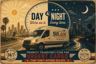Vintage poster promoting urgent cargo delivery day and night.