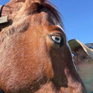 A person kissing a horse with a blue eye.