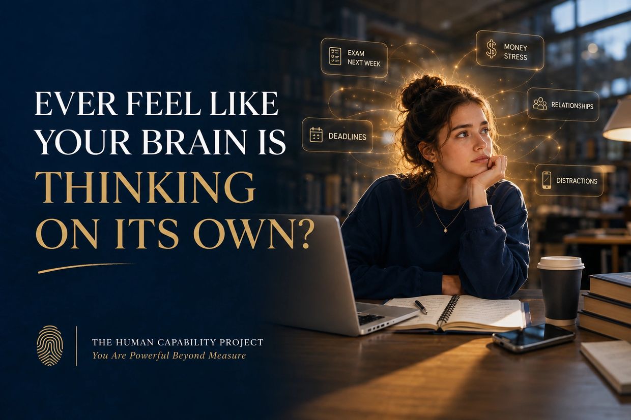 Woman overwhelmed with thoughts about exams, deadlines, and stresses.