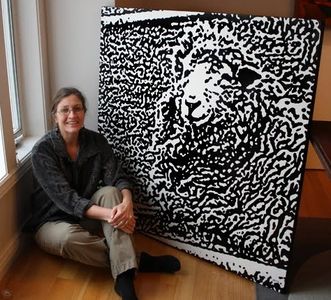 Sherry sitting near 4'x4' sheep painting from black and white Camouflage Series