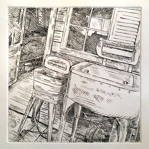 Etching from Besendorfer Ranch series - Washing station where clothes were rubbed on washboard