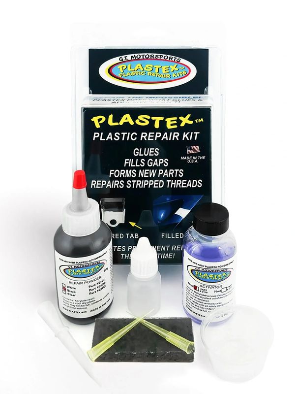 Plastic repair kit with glue, activator, and accessories for filling gaps and repairing parts.