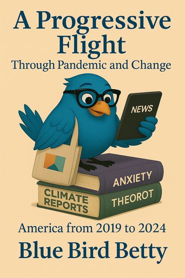 Blue bird reading news on anxiety, climate, and theory books titled 'A Progressive Flight'.