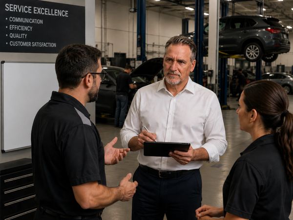 Three people discussing service excellence in an automotive workshop.