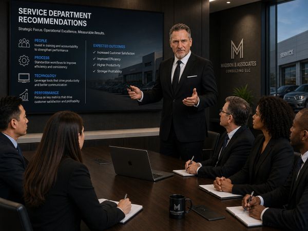 Businessman presenting service department recommendations to colleagues in a meeting room.