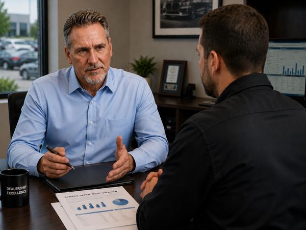 Two men discussing business data in an office meeting.