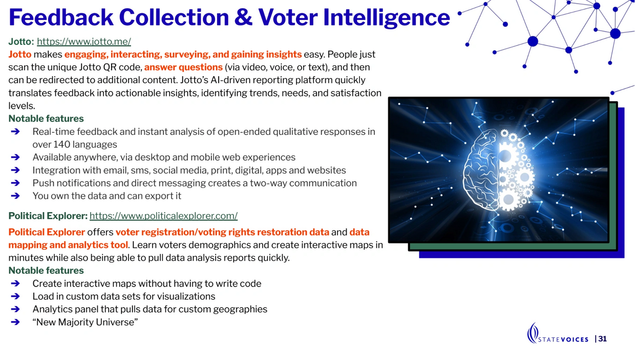 Slide about Feedback Collection & Voter Intelligence tools Jotto and Political Explorer.