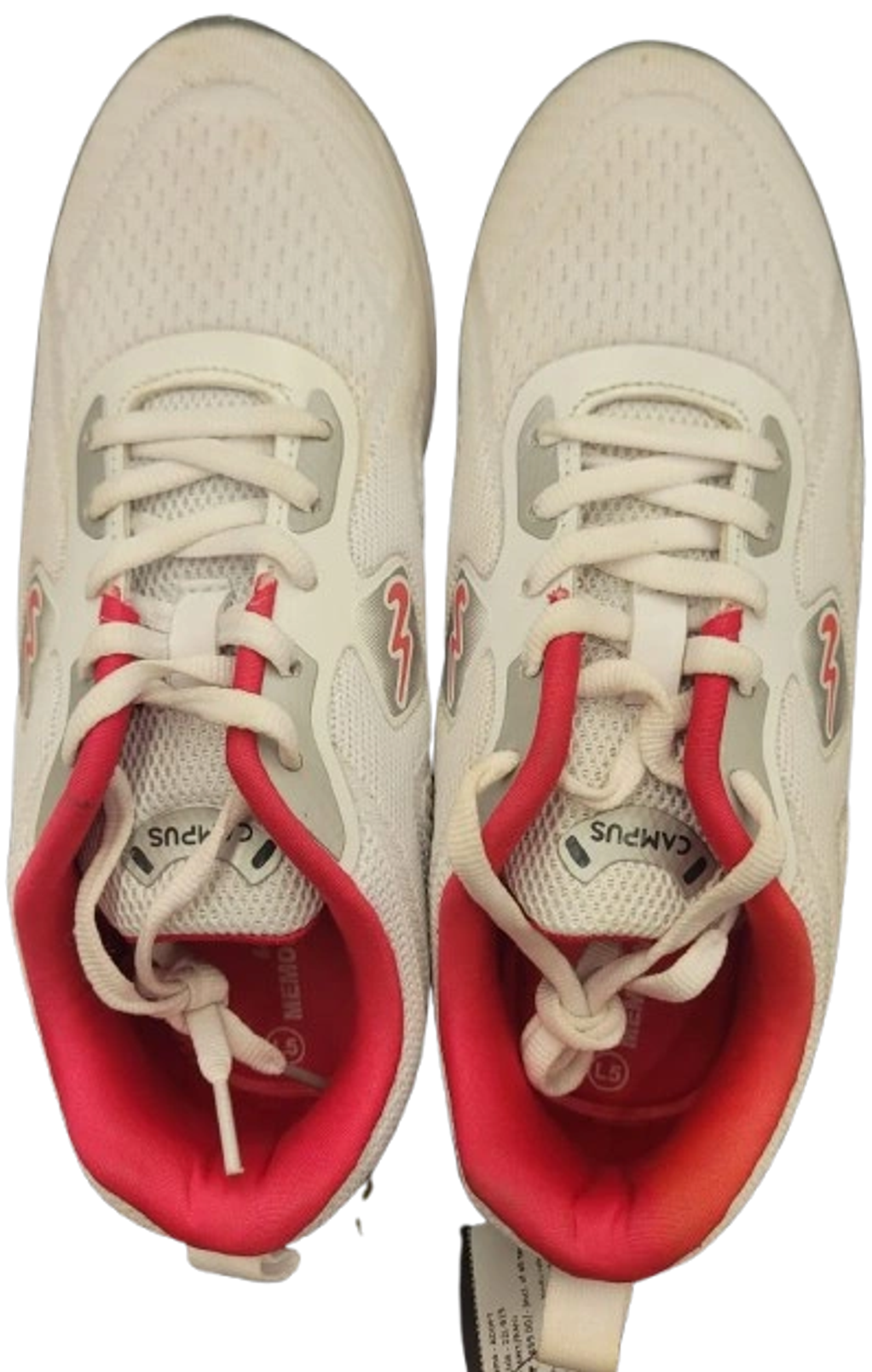 Pair of white sneakers with red interior lining.