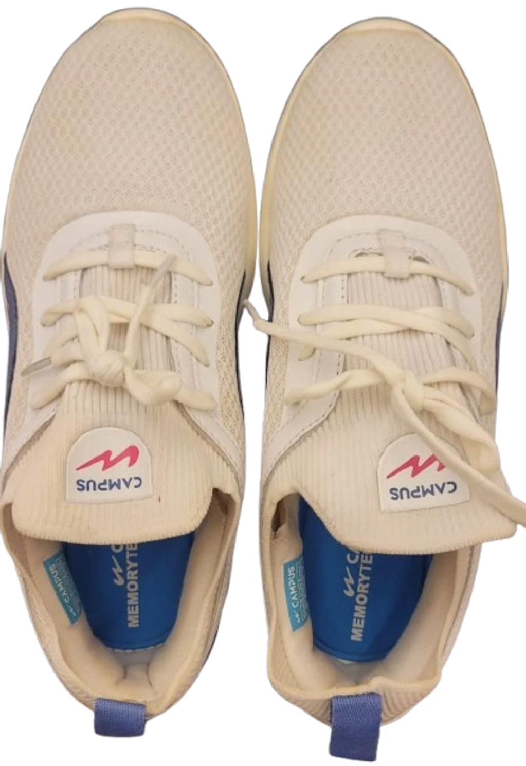 Pair of white Campus sneakers with blue insoles.