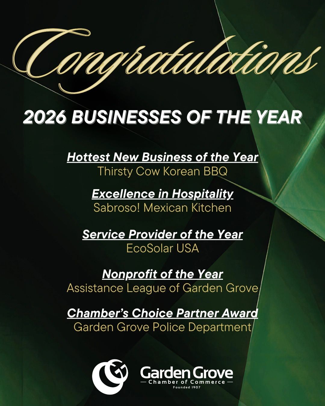 2026 Garden Grove Businesses of the Year winners announced by the Chamber of Commerce.