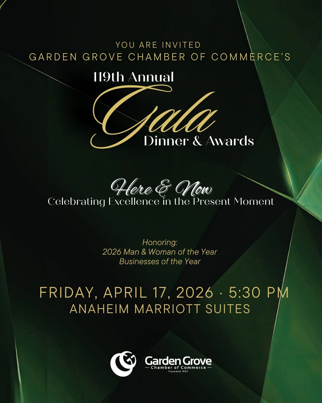 Invitation to Garden Grove Chamber's 119th Annual Gala Dinner & Awards on April 17, 2026.