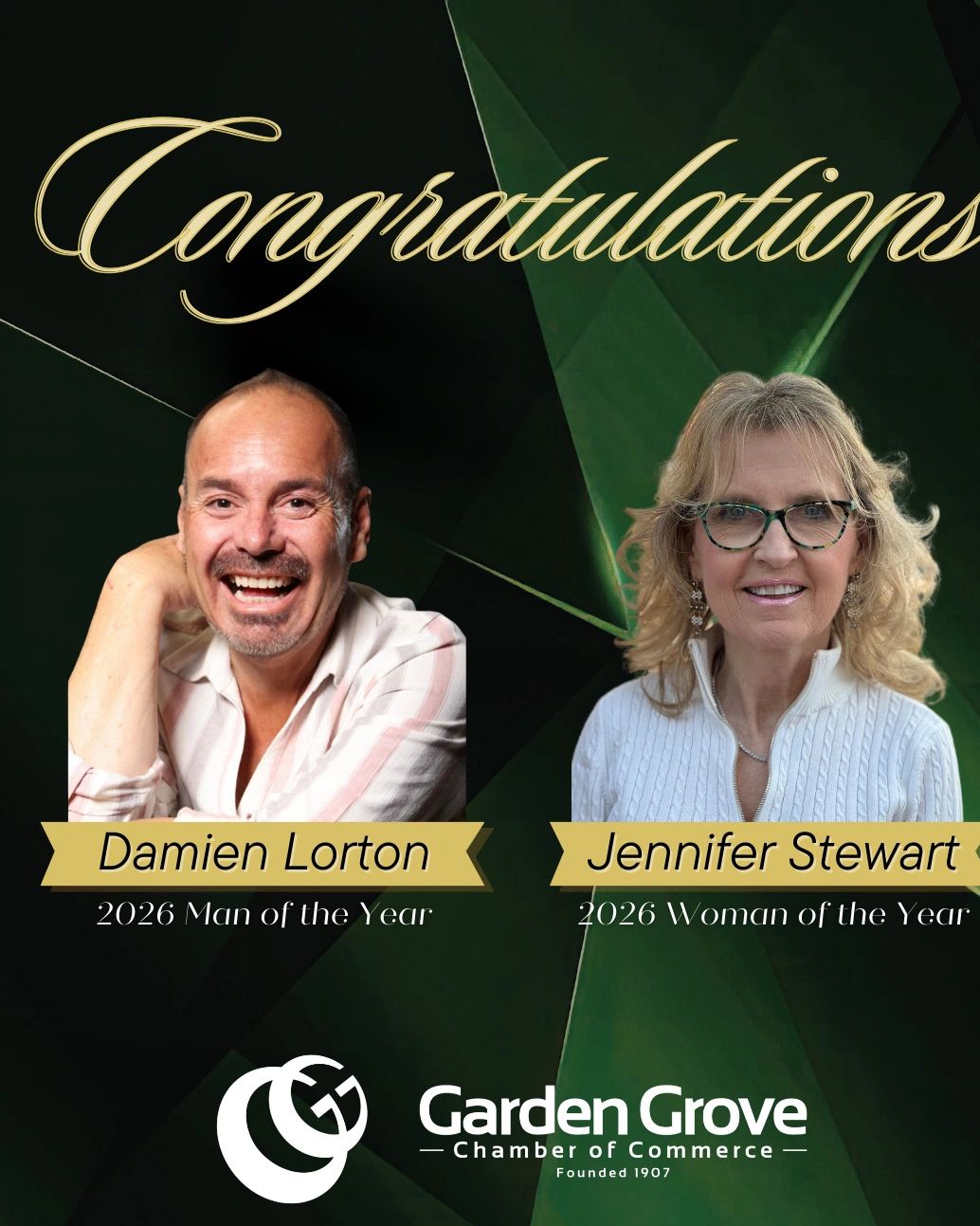 Congratulations to Damien Lorton and Jennifer Stewart, 2026 Man and Woman of the Year.