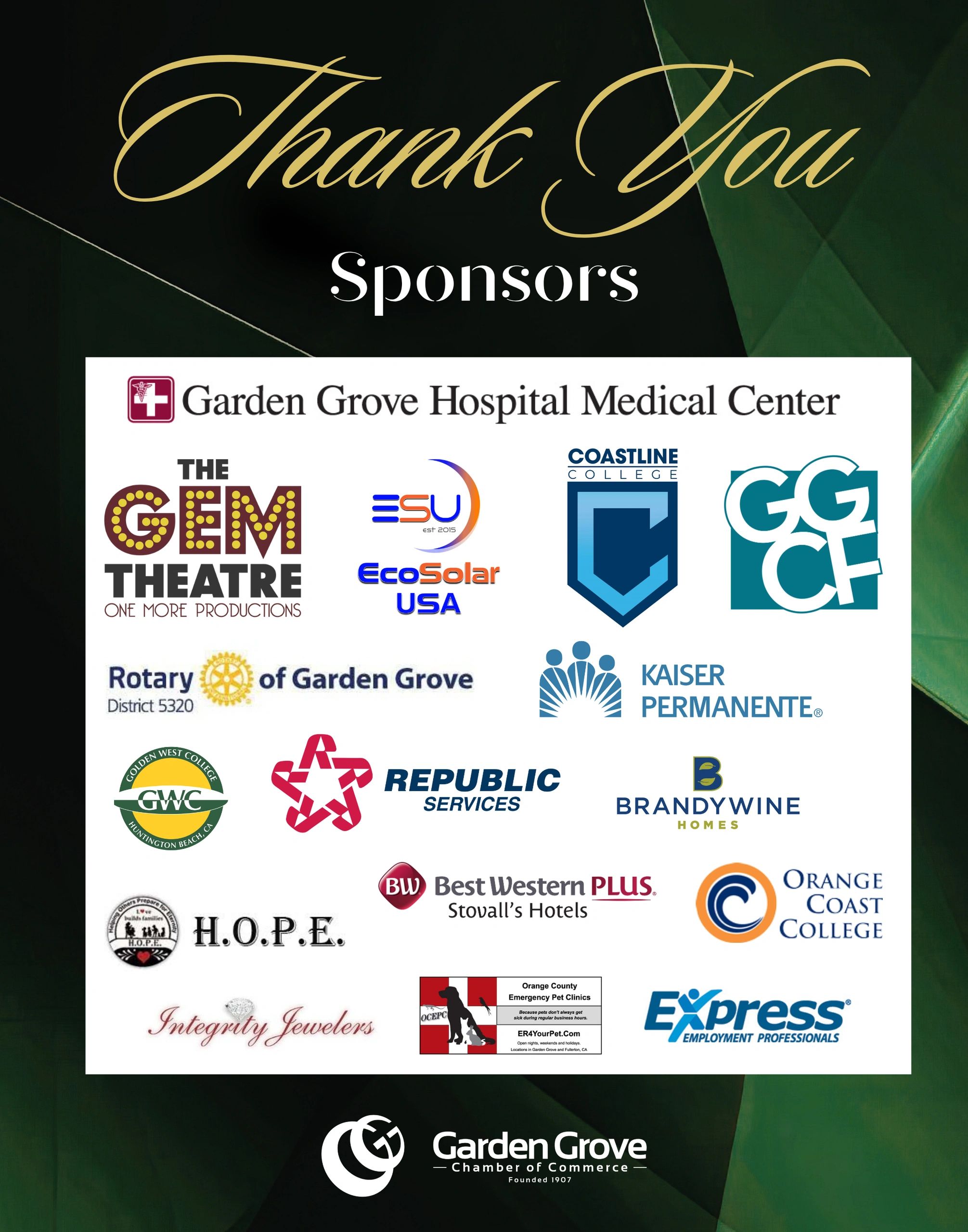 Thank you sponsors with various company logos on a dark green background.
