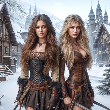 Two fierce women warriors in medieval attire stand in a snowy village with swords.