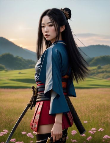 A poised young woman in traditional warrior attire with a sword in a serene field.