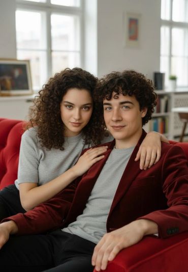 Young couple with curly hair sitting closely on a red couch indoors.