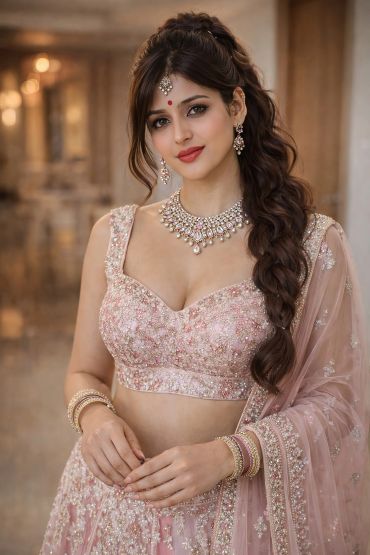 Young woman in traditional embellished pink attire and jewelry.