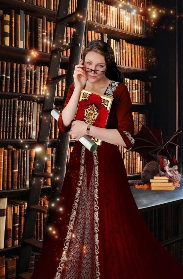 A woman in a medieval dress holds a book in a magical library with a small dragon.